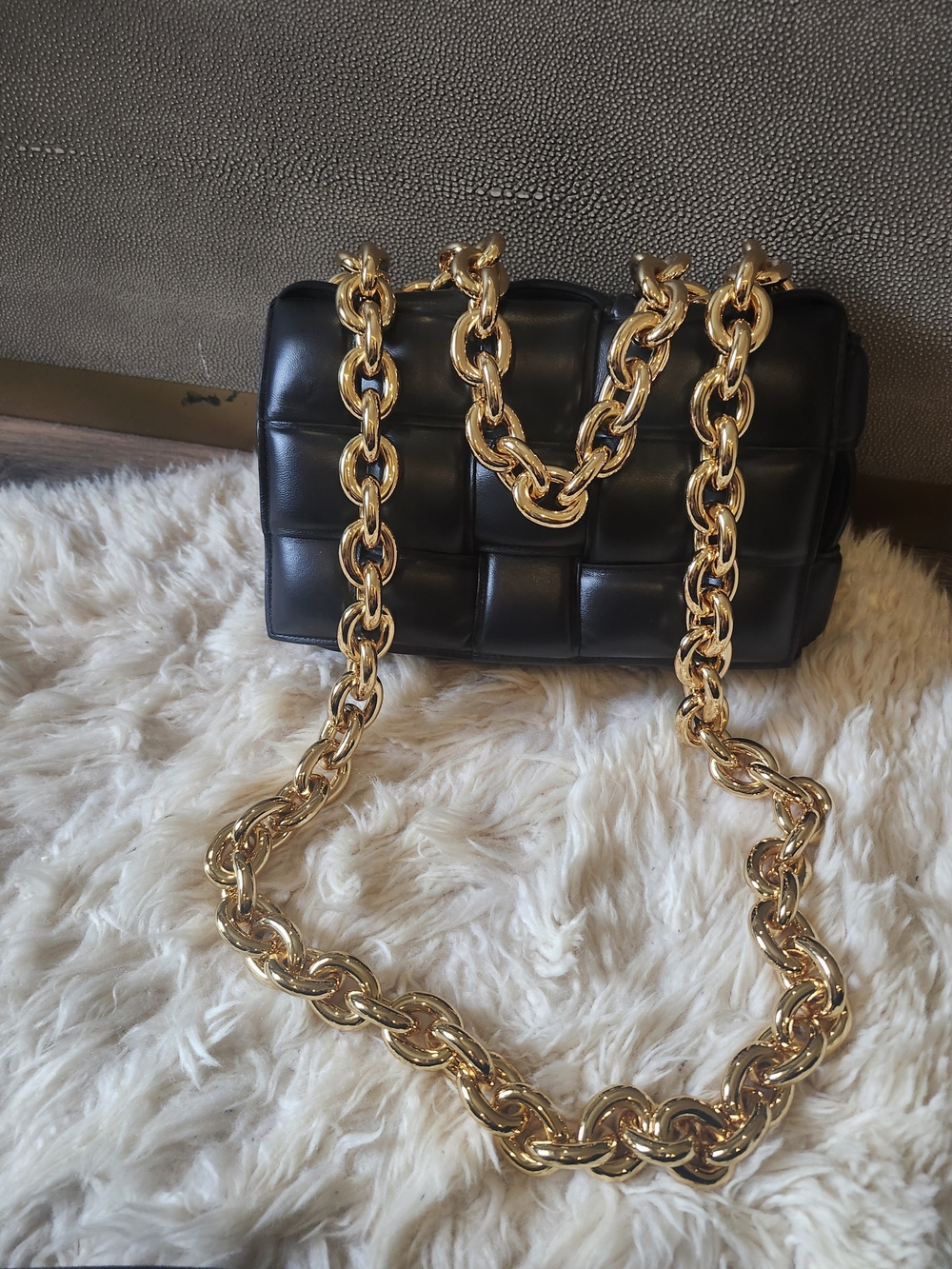 Authentic Bottega Veneta Black Quilted Leather Shoulder Bag with Gold Chain.New